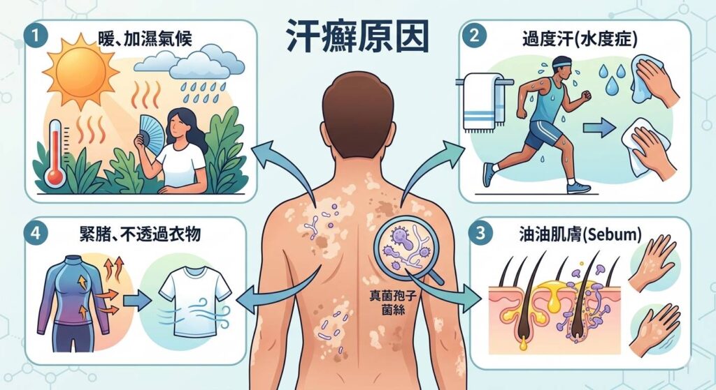 汗癬原因是什麼?為什麼夏天特別容易發作?一次了解症狀、成因與改善方法(示意圖)