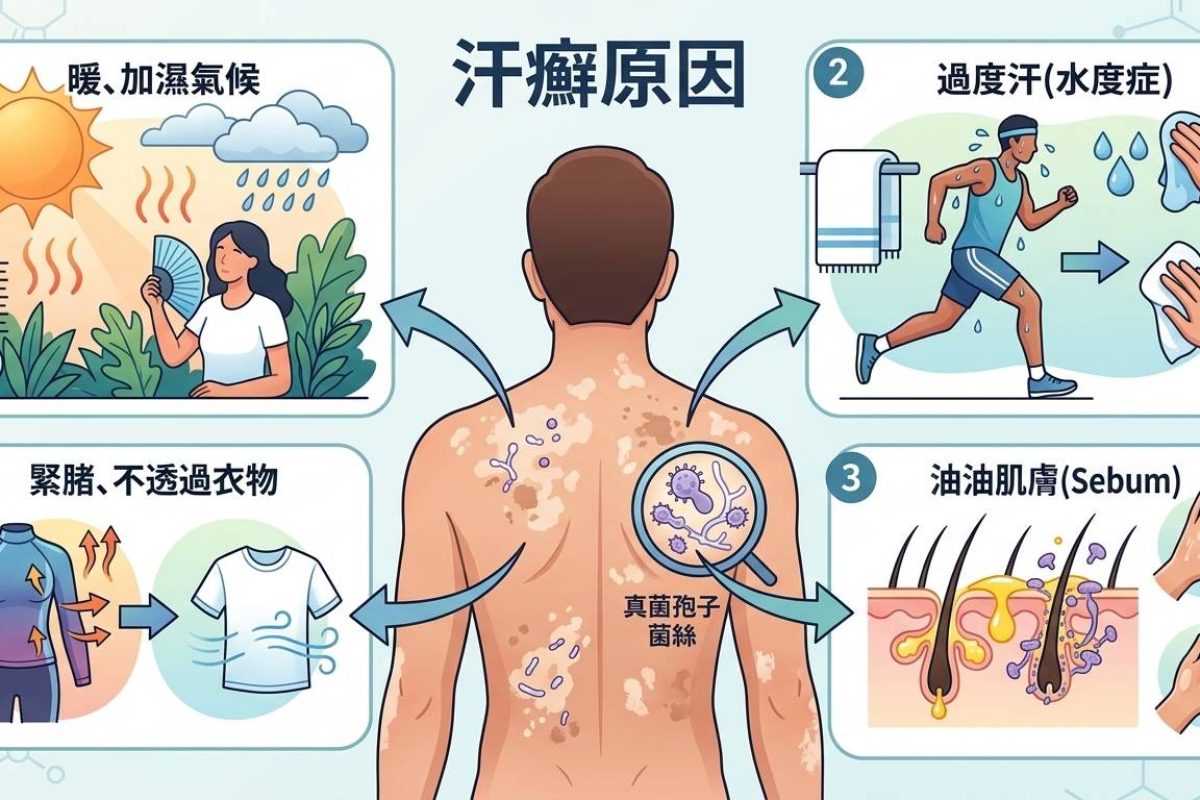 汗癬原因是什麼？為什麼夏天特別容易發作？一次了解症狀、成因與改善方法(示意圖)